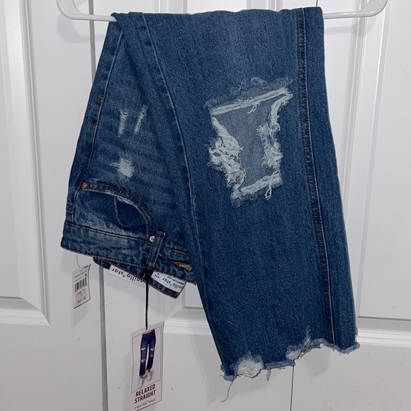 Relaxed Straight Fit Distressed Blue Jeans - Picture 1 of 6